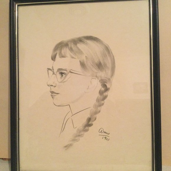 Vintage original drawing girl portrait Anne 1961 framed - Picture 1 of 3